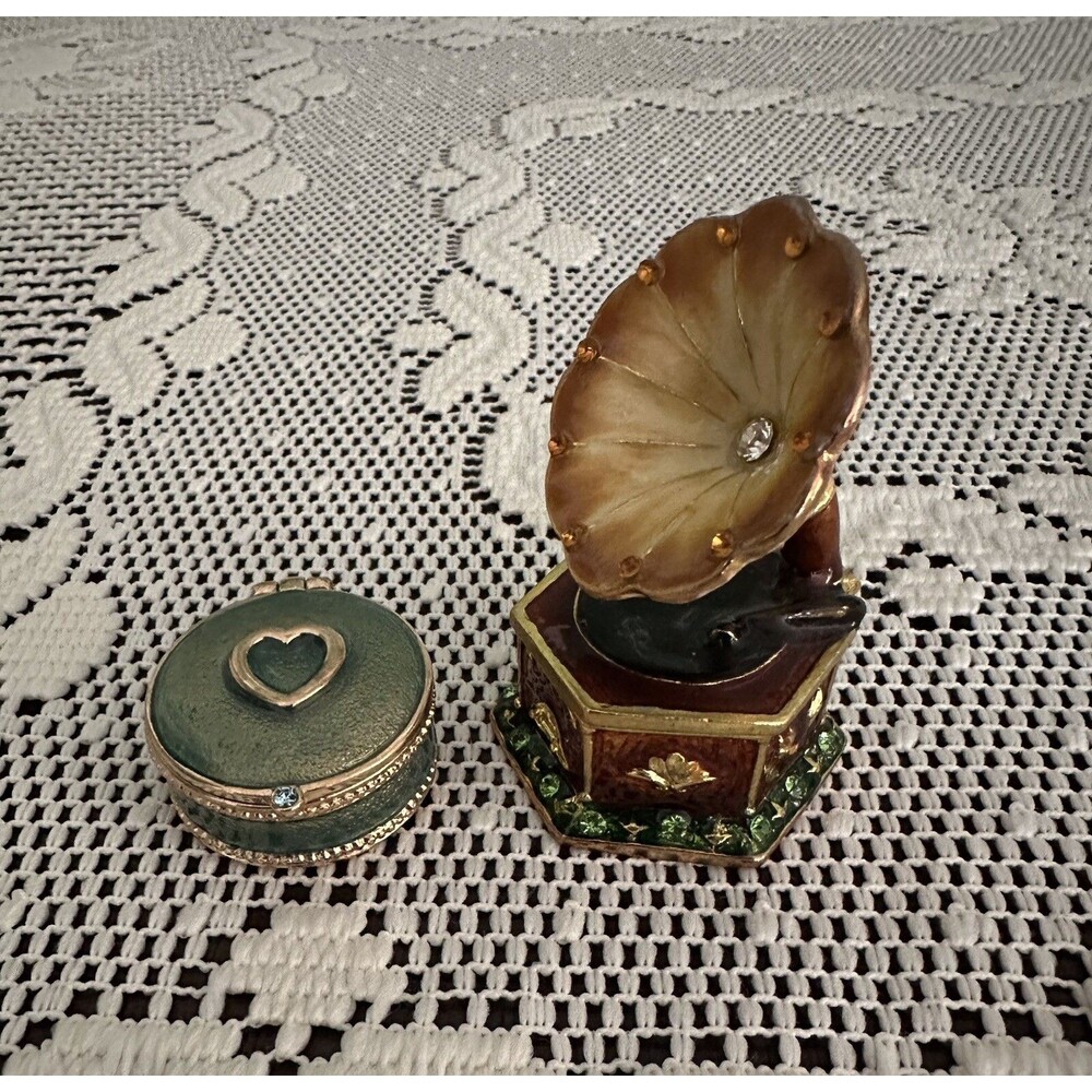 Collectible Jeweled Trinket Boxes Phonograph & Pill Box Set of 2